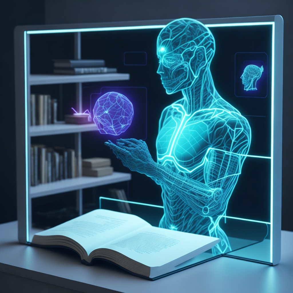 Hybrid Digitales Lernen - Hologram Mann, Lernen mit Mensch und Maschine