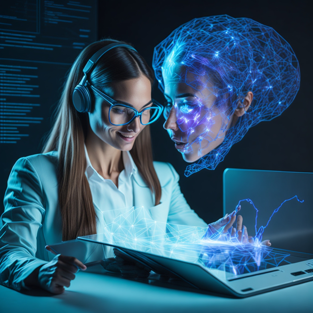 Hybrid Digitales Lernsystem - Frau mit Brille lernt mit Hologram